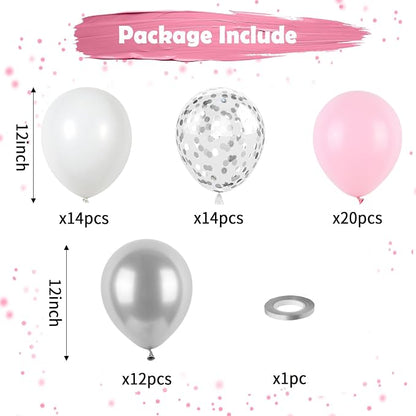 Pink and Silver Balloons, Pastel Pink White Balloon Metallic Silver White - Image 2