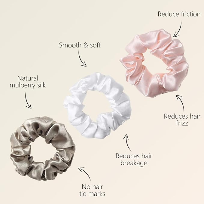 ZIMASILK 100% Mulberry Silk Hair Scrunchies – 19 Momme Elastic Silk Hair Ties for Women & Girls, Gentle No-Tug (3 Pack, Taupe, Pink, White)