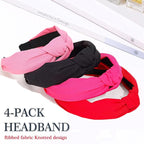 Wide Knotted Headbands, Non-Slip Hair Accessories for Women, 4-Pack (Black Red Hot Pink Blush)