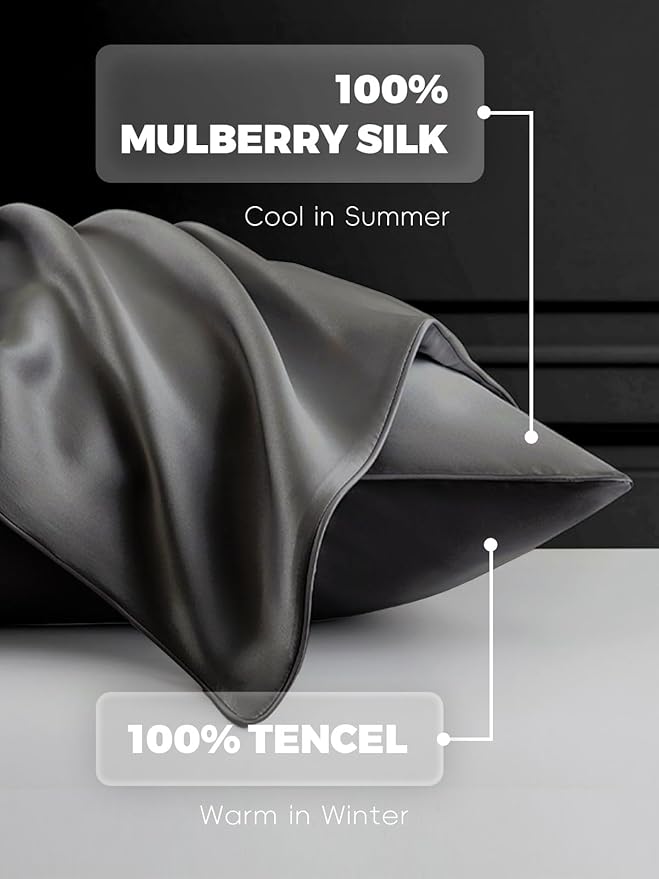 Mulberry Silk Pillowcase for Hair and Skin, 22 Momme Natural Single Sided Pure Silk Pillow Cases with Zipper, 6A Soft and Smooth Pillow Cover (Dark Gray, Standard 20"x26")