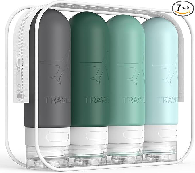 ME.FAN 4 Pack Blue Silicone TSA Approved 3oz Travel Size Containers, Travel Bottles for Toiletries, Shampoo, Lotion