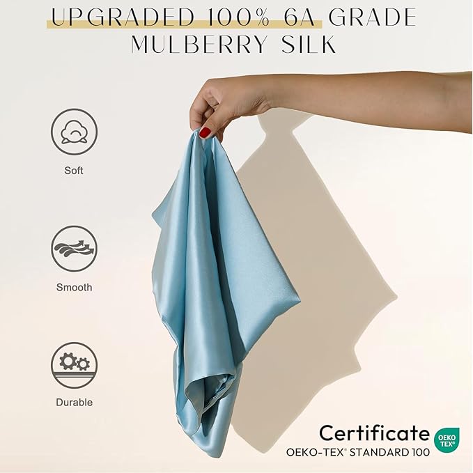 ZIMASILK Upgraded 100% 6A Grade Pure Mulberry Silk Pillowcase for Hair and Skin Silk Pillow Cases with Reinforced Hidden Zipper, More Soft & Durable, Gift Box (Queen 20"x30" Light Blue)