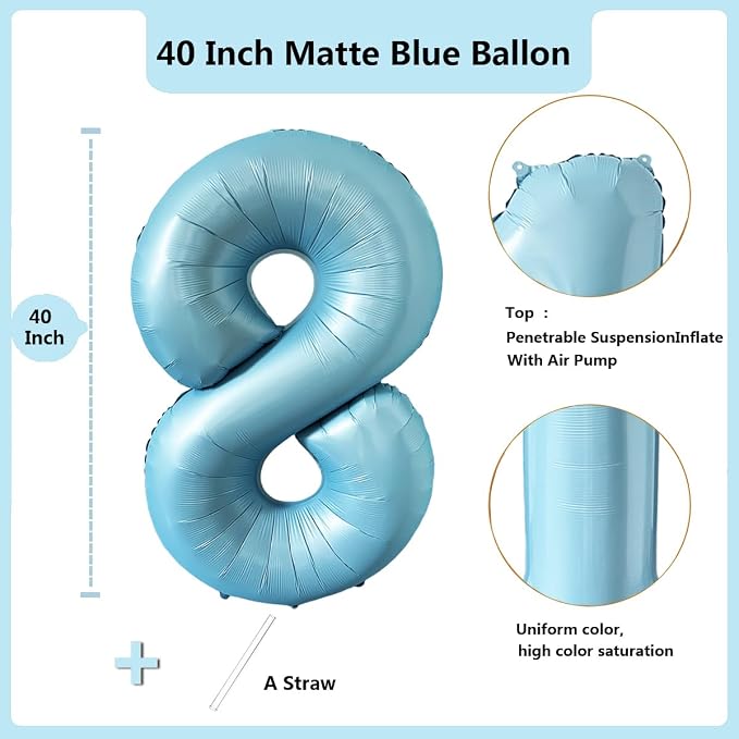 40 Inch Matte Blue 8 Number Balloons Light Blue Number 8 Foil Balloon Mylar - Image 2