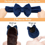Shintop Face Wash Headband, Soft Spa Headband Carol Fleece Makeup Headwear with Cute Bow Elastic Hairband for Skincare Facial Mask Showers（Navy blue）