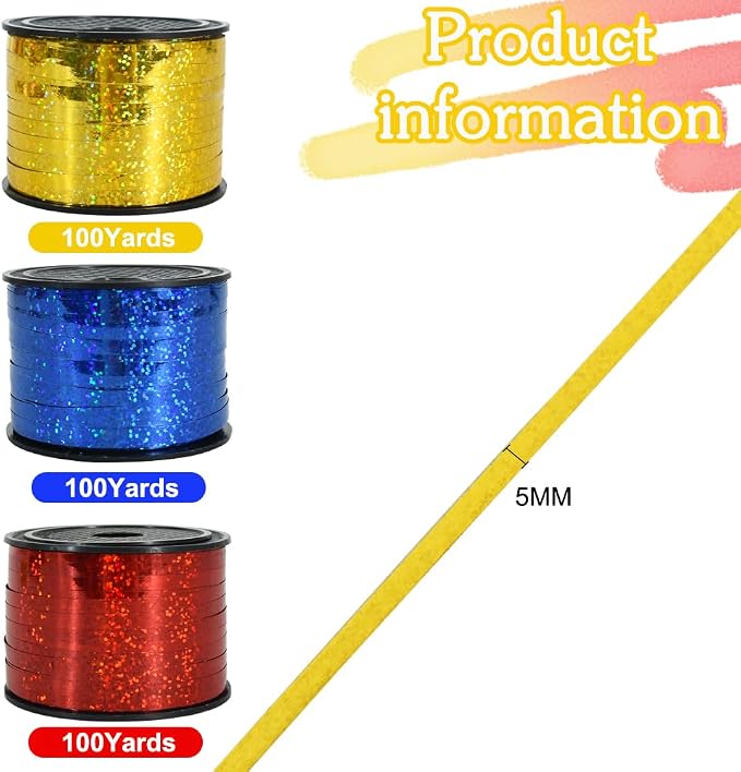 BEISHIDA 3 Pack 100 Yards Red Blue Gold Curling Crimped Glitter Ribbon Balloon - Image 2