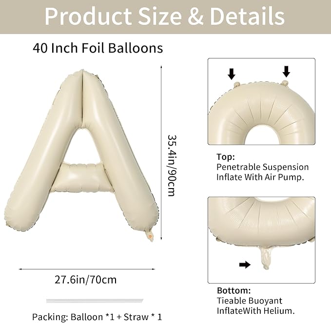 Biapian 40 Inch Giant Cream A Foil Balloon, Large Aluminum A Balloons Helium - Image 2
