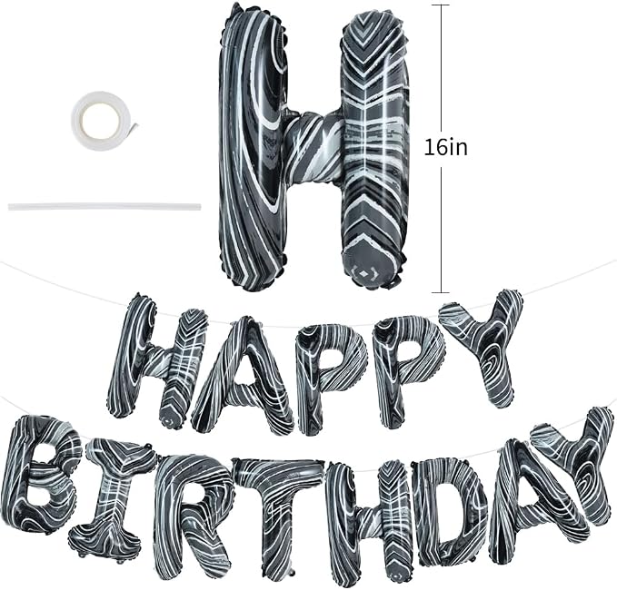 TONIFUL Black Marble Happy Birthday Balloons Banner, 16 Inch Mylar Foil Letters - Image 2