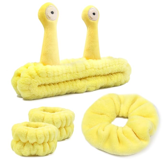 Face Wash Headband, Skincare Wrist Bands For Washing Face Set Spa Hair Bands come with a Hair Scrunchie, Cute Yellow snail tentacle Elastic Headband, For Face Washing Makeup Skincare (Yellow)