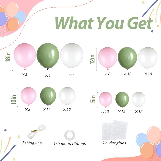 103pcs Pink and Green Balloon Garland Arch Kit, 18/12/10/5 Inch Sage Green Pink - Image 2