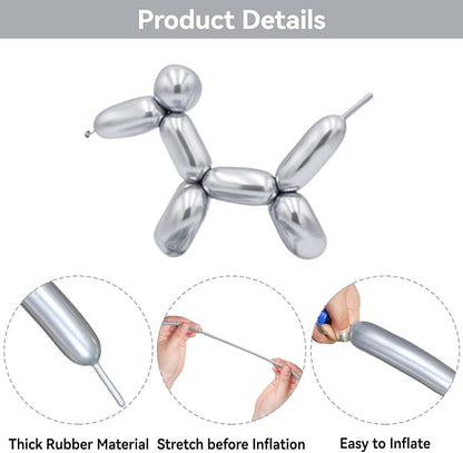 Metallic Silver Long Balloons Premium 260 Twisting Magic Balloons - Image 3
