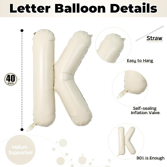 Giant Alphabet K Foil Balloons, Nude Cream White Custom Mylar Letters Balloon - Image 2