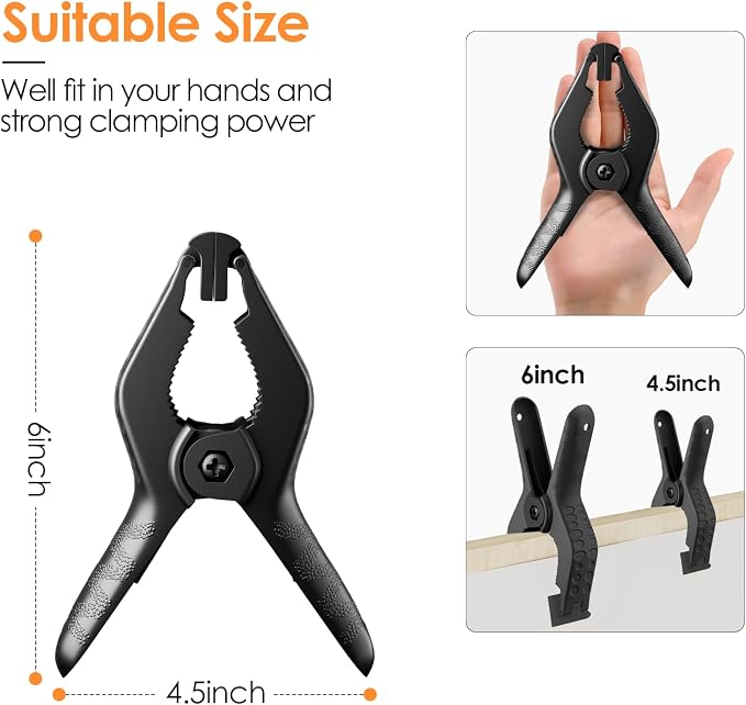 Spring Clamps Heavy Duty, 6in Plastic Backdrop Clips, 6 Pack Black | Strong - Image 2