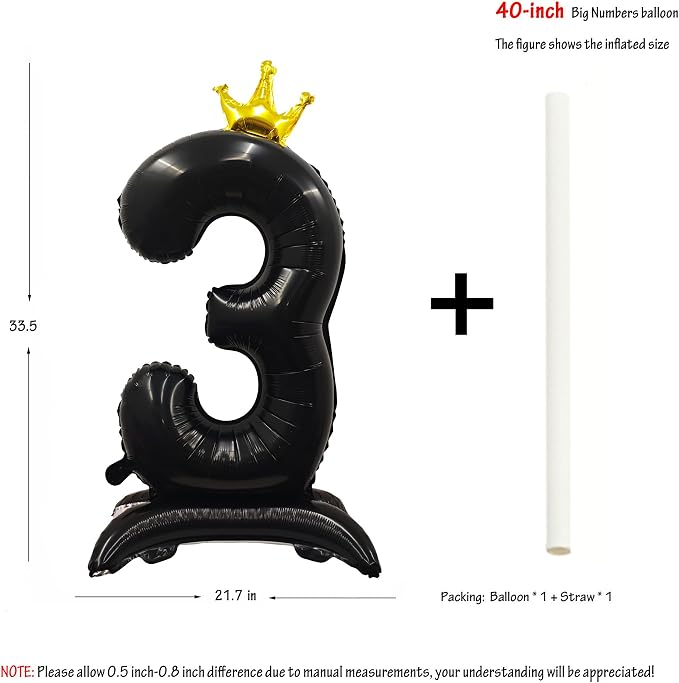 Black Crown Number 3 Balloon Standing Black Princess Digital 3 Foil Balloon | - Image 2