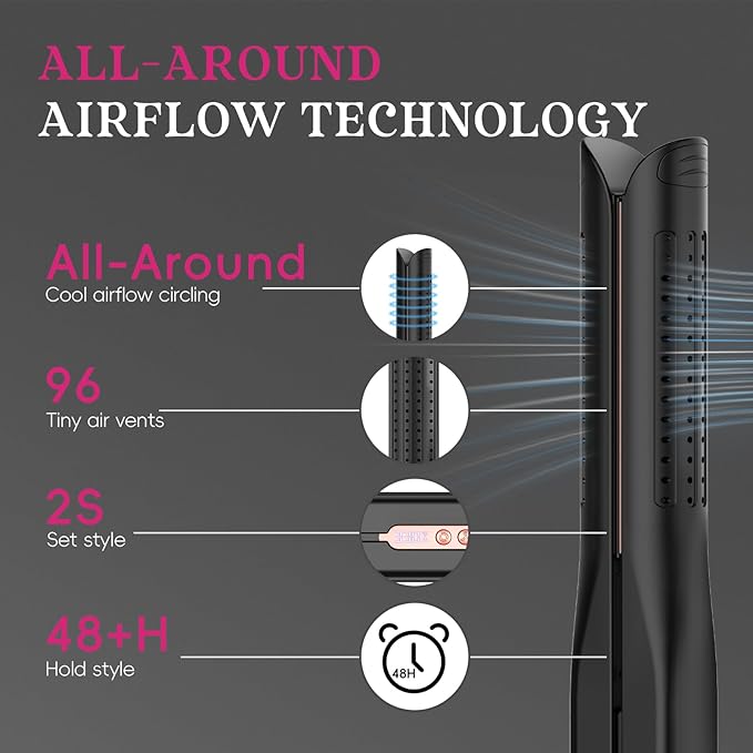 SKIMI Airflow Styler, Titanium Flat Iron Hair Straightener, Professional Curling Iron with Cooling Air Vents to Lock in Style, 5 Temps & Dual Voltage, Auto Off (Black & Gold Pink).