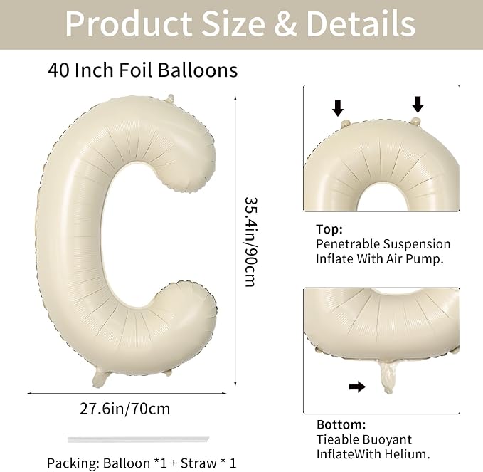 Biapian 40 Inch Letter C Balloons, Giant Cream C Foil Balloon, Big Single - Image 2
