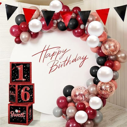 3 Pcs Happy 16th Birthday Decorations Red Black Balloon Box - Image 4
