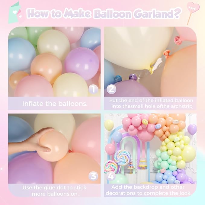 Pastel Rainbow Balloons Arch Kit 174pcs, Macaron Assorted Colorful Spring - Image 3