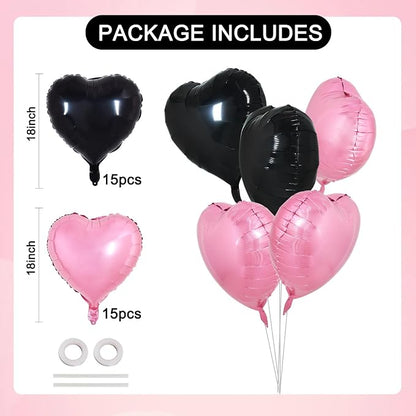 TONIFUL 30 Pcs Pink Black Heart Balloons 18 Inch Heart Shape Foil Balloon | - Image 2