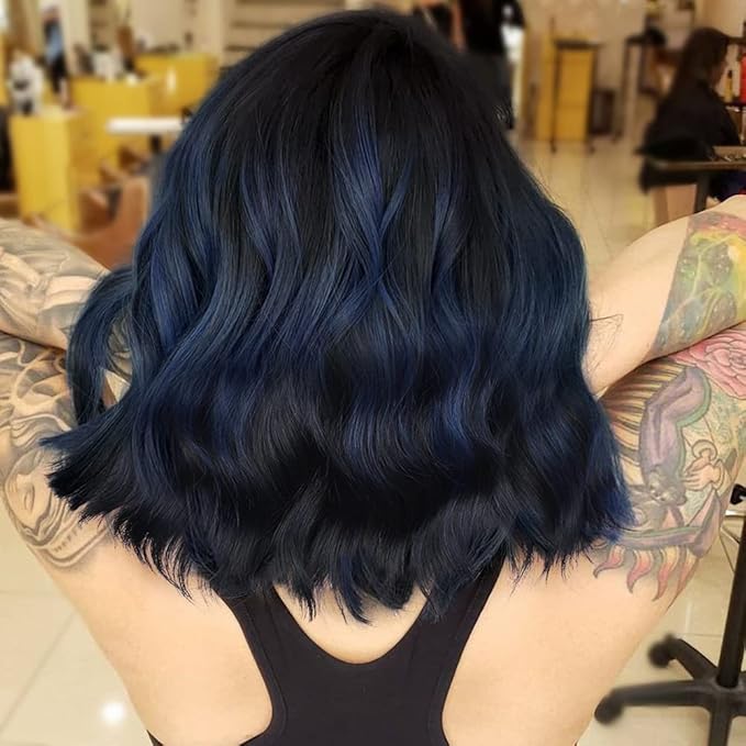 AISI HAIR Synthetic Wavy Bob Wig with Bangs, Dark Blue, 21-23 Inches