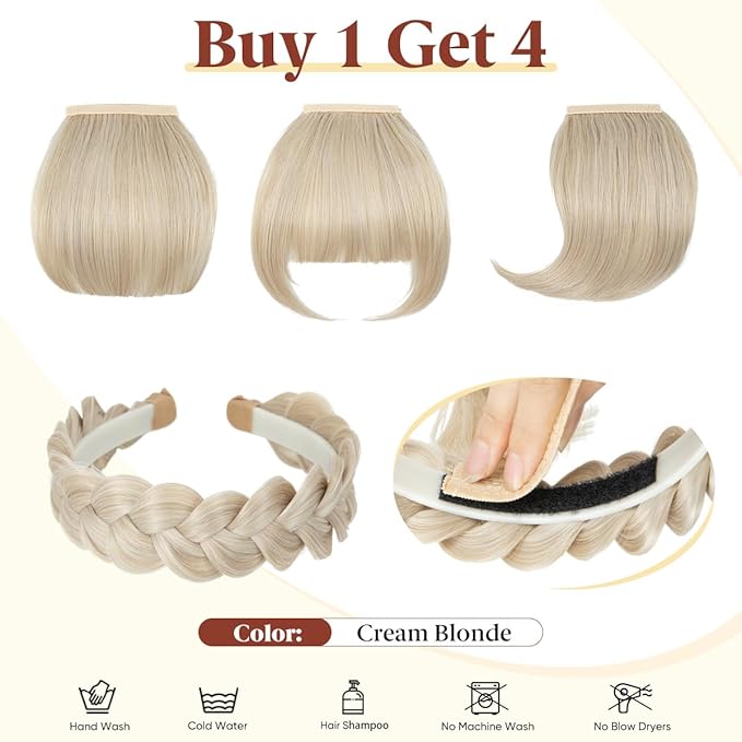 SARLA Braided Headband with 3 Detachable Clip in Bangs Fringe Hairpieces Fake Synthetic Hair Band Bangs for Women Cream Blonde