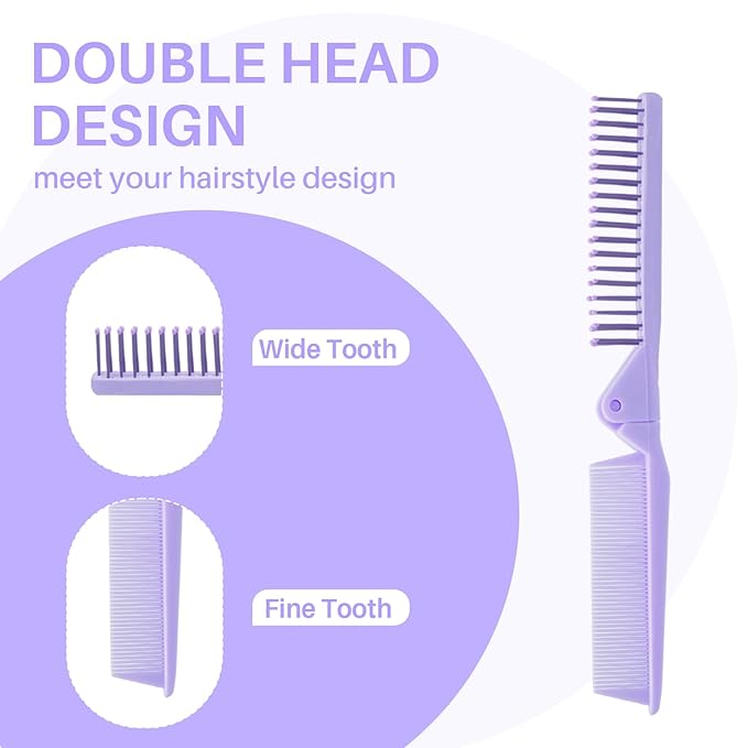 RHOS 2-Pieces Mini Folding Combs for Purse and Travel, Double Headed Small Combs and Brush Set for Women,Girls (Pink & Purple)
