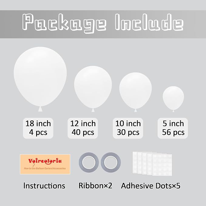 Voircoloria 130pcs White Party Balloons Garland Arch Kit, 18 12 10 5 Inch | - Image 2