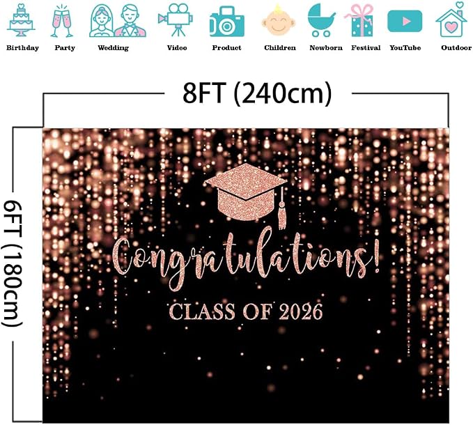 Mocsicka Class of 2026 Backdrop Rose Gold Glitter Bokeh Graduation Party - Image 4