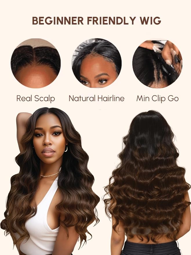 YIROO V Part Wig Human Hair No Leave Out Ombre Chestnut Brown Yaki Straight Glueless Human Hair Wig Upgrade U Part Wigs for Women V Shape Clip in Half Wig No Glue No Sew in Beginner Wig 26inch