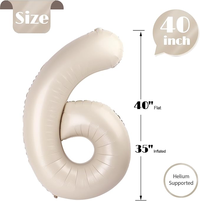 Cream Number 6 Balloon 40 Inch, 6th Birthday Party Decorations Men Women | Foil - Image 5