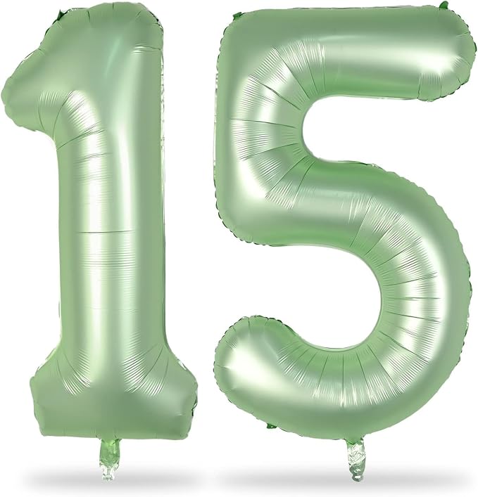 15th Birthday Balloons for Girls, 40 Inch Giant Sage Green Foil 15 Number by Lingqiang