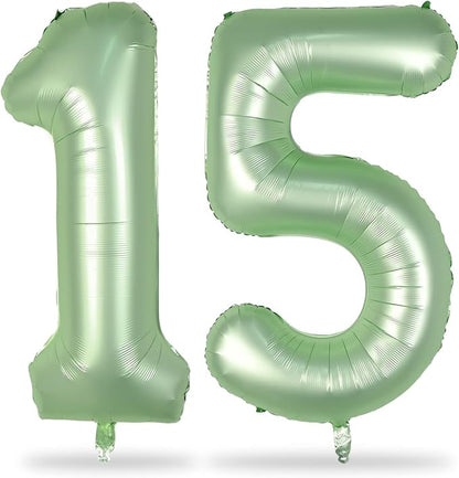 15th Birthday Balloons for Girls, 40 Inch Giant Sage Green Foil 15 Number by Lingqiang