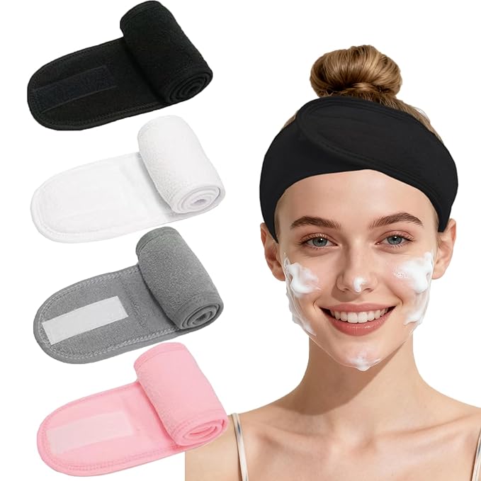 4 Pack Adjustable Makeup Headbands – Non-Slip Spa & Facial Hair Wrap, Washable Headband for Shower, Yoga, Gym, Salon & Home Use (Fits All), HZFD-AA