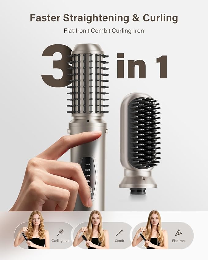 Cordless Hair Straightener Brush, 2 in 1 Curling & Straightening Brush with 200 Million Negative Ions, Mini Travel Hot Straightener Comb for Women, Fast Heating & Dual Voltage