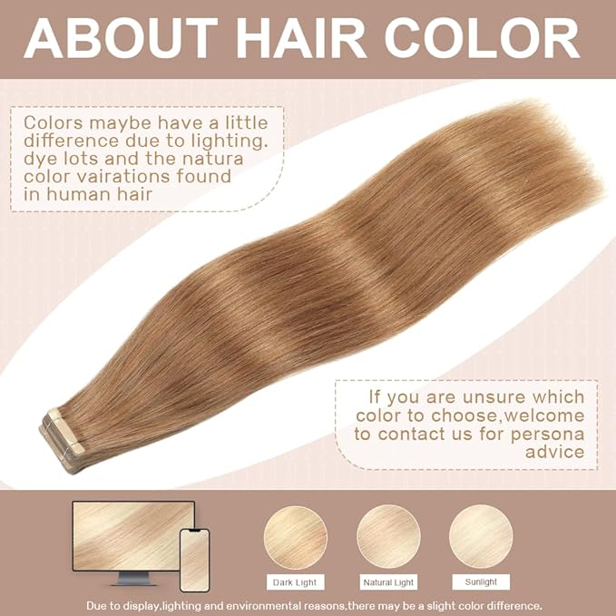 Tape in Hair Extensions Human Hair Golden Brown 22 Inch 20Pcs Tape Ins for Women Straight Invisible Seamless Remy