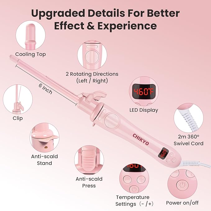 CHIKYO Automatic 9mm Rotating Curling Iron, 3/8 Inch Ceramic Barrel Curling Wand, Tiny Small Automatic Hair Curler with Anti-Scald Press & Anti-Scald Stand, Curling Iron for Short Hair(Pink)