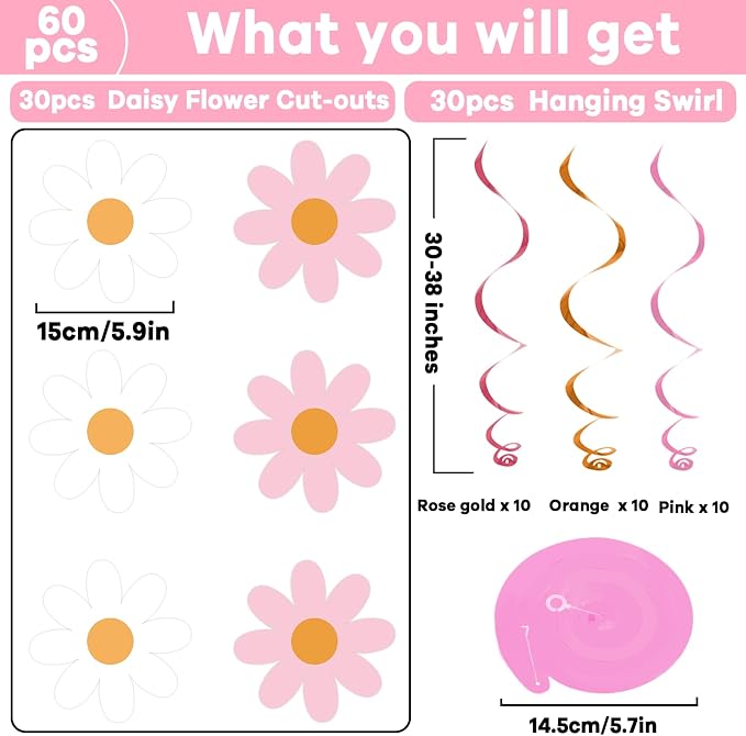60pcs Pink Daisy Flower Hanging Swirls Pink Daisy Foil Swirls Ceiling Hanging - Image 2