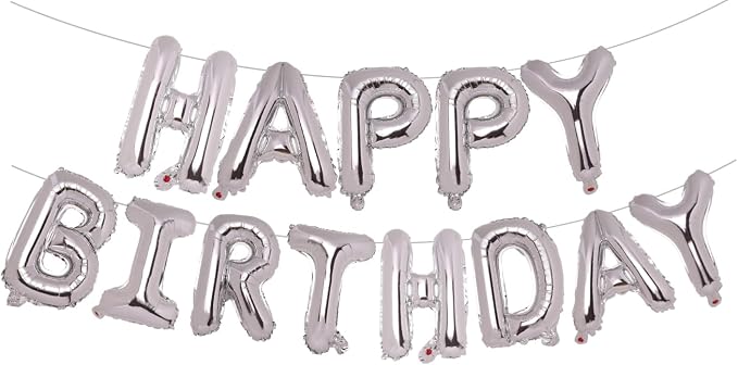 PIGETALE Silver Happy Birthday Balloons Banner, 16 Inch 3D Aluminum Foil by welcomePIGETALE