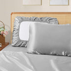 SiinvdaBZX Silver Grey Satin Pillowcase Standard/Queen Size Set of 2, Silky Travel Elastic Band Satin Pillow Case for Hair and Skin, Soft Portable & Fit for Various Pillow