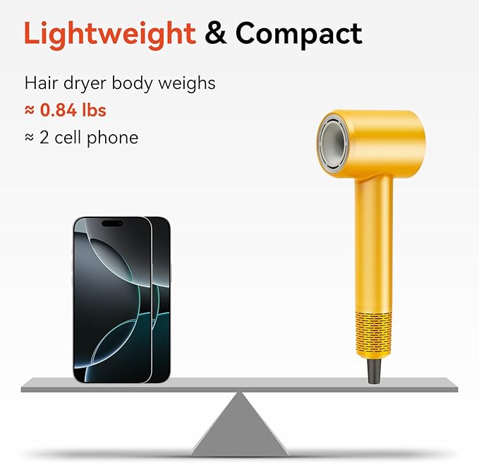 Diffuser Hair Dryer Professional with Temperature Control, Ionic Technology, Low Noise (Yellow with Diffuser Nozzle)