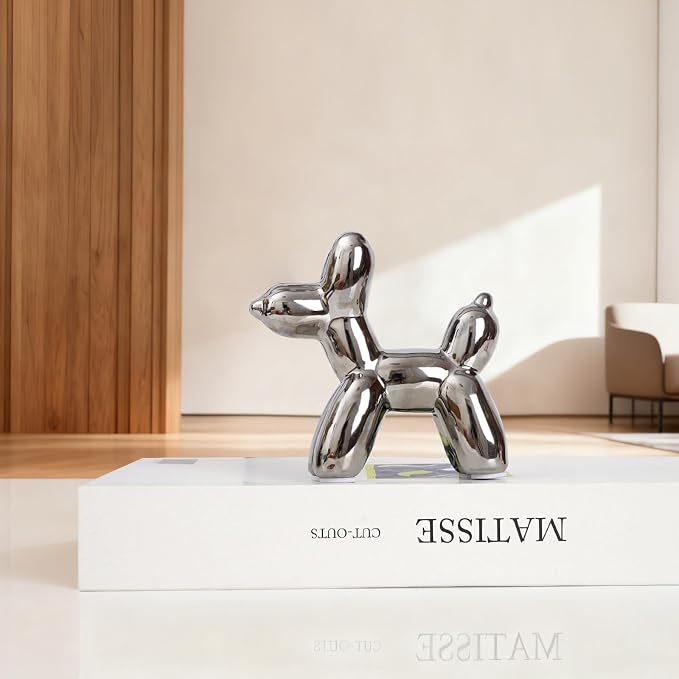Notakia Silver Balloon Dog Ceramic Statue, Handmade Small Modern Animal Figurine - Image 6