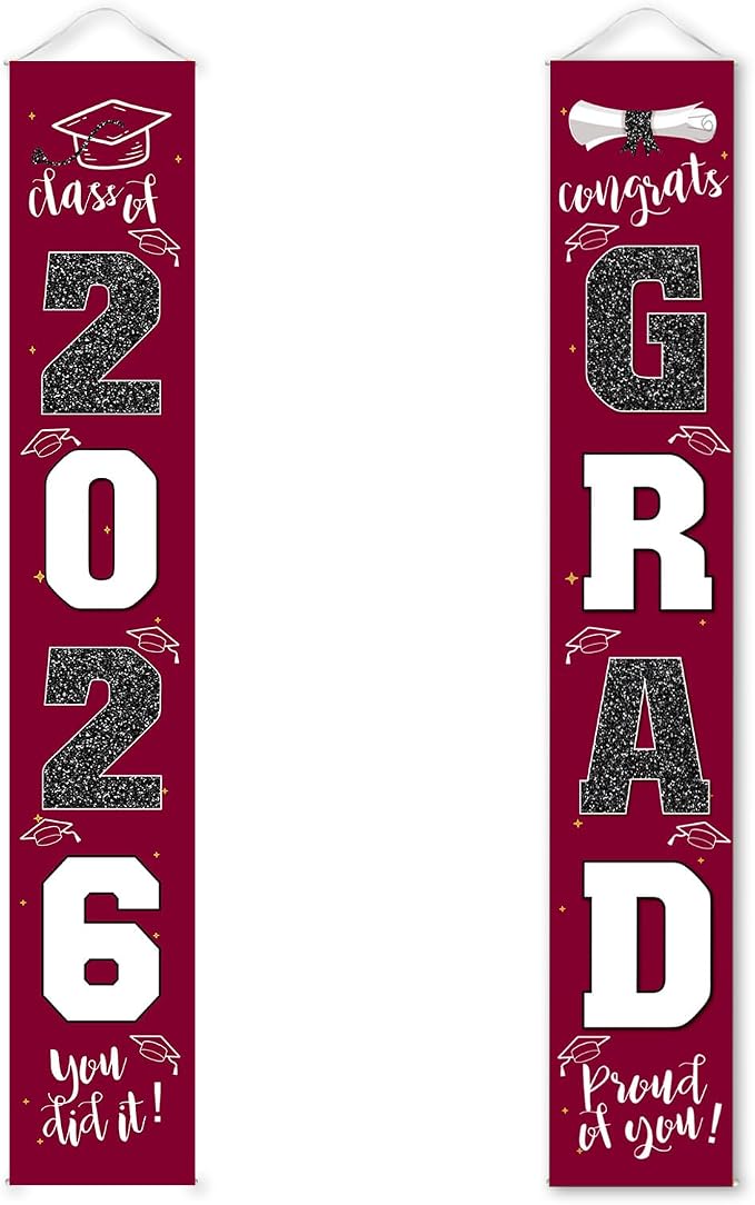 Graduation Decorations 2026 Banner Porch Sign Maroon Burgundy Red by ATFUNSHOP