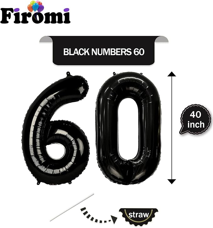 FIROMI 60 Number Balloons Black Big Mylar Foil 60th Balloon Numbers 40-inch | - Image 2
