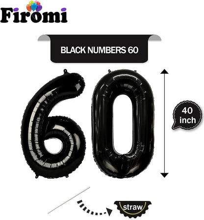 FIROMI 60 Number Balloons Black Big Mylar Foil 60th Balloon Numbers 40-inch | - Image 2