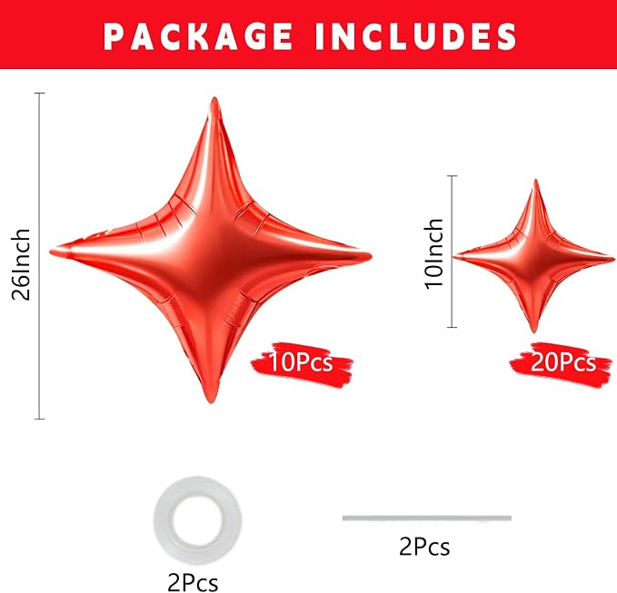 TONIFUL 30 Pcs Four Pointed Star Balloon 26In & 10In Red Foil Balloon | Helium - Image 2