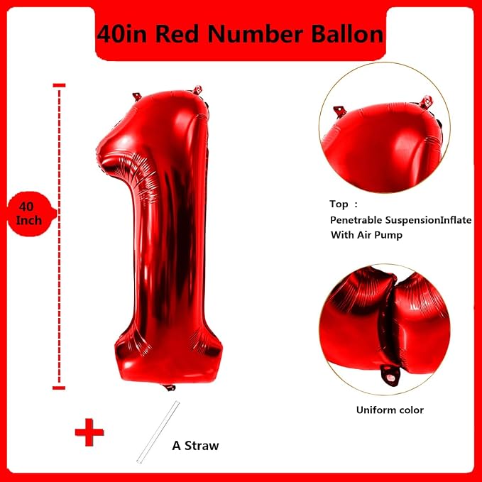 40 Inch Red Number 1 Balloon Large Red Foil Balloon Red 1 Balloons Mylar Helium - Image 2