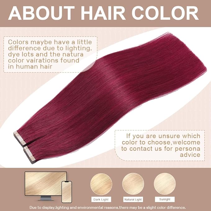 Human Hair Tape in Extensions 99J Red Wine Burgundy 20 Inch Invisible Tape in Hair Extensions Human Hair for Women Hair Extensions Real Human Hair Tape in