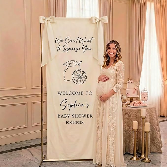 Personalized We Can't Wait to Squeeze You Baby Shower Fabric Sign Backdrop | - Image 2