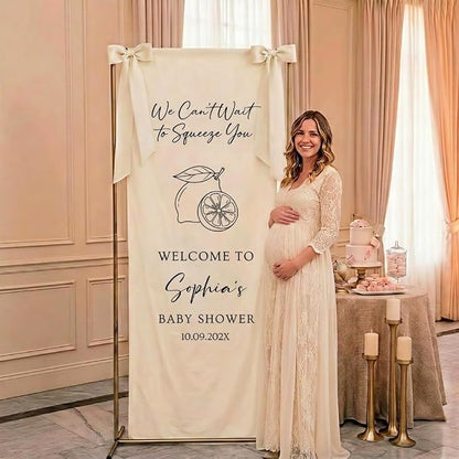 Personalized We Can't Wait to Squeeze You Baby Shower Fabric Sign Backdrop | - Image 2