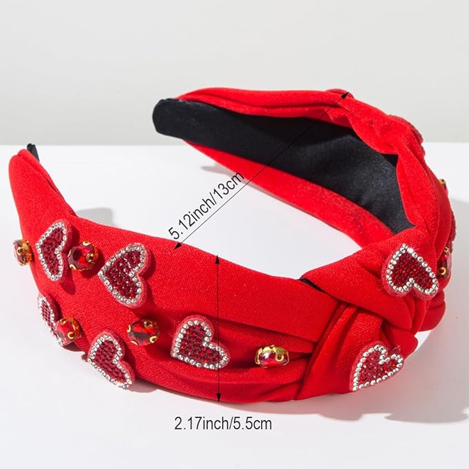 Valentine's Day Rhinestone Heart Headband, Red Fabric Hair Accessory with Crystal Beaded Hearts, Holiday Hair Fashion Accessories for Women Christmas New Year Gift