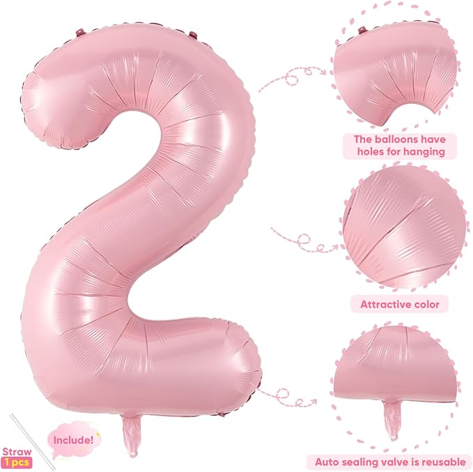 Light Pink 2 Balloon, 40 Inch Large Pastel Pink Foil Helium Number Balloons 0-9 - Image 3